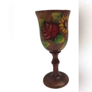 Wooden Brown Goblet Wine Glasses Goblet Chalice Flower Hand Painted